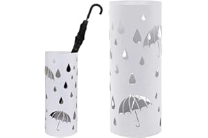 BAKAJI 8050534664881, Schirmständer aus Eisen, rund, weiß mit Dekoration, Regenschirm und Tropfen, Abtropfschale und Haken für Regenschirme, faltbar, 8050534664881