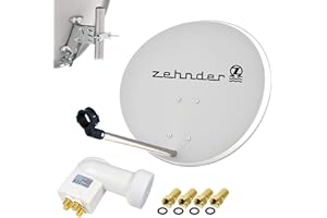 SATSHOPPING Zehnder 60 cm Mirror Bowl Steel + LogiSat Quad LNB | 4 Participants HD Digital SAT System Set Light Grey | DVB-S/S2 Full HDTV 3D 4K Ultra HD UHD Reception