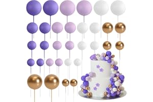 Astaron 32 Pcs Ball Cake Topper Decorations Mini Balloons Cake Topper Sticks Foam Balls Cake Picks Cake Topper Balls Cake Decorations for Wedding Party Birthday Cake Decorating (Purple Gold)