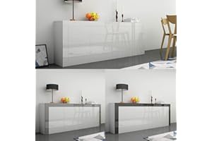 Panana Living Room Large Sideboard Cabinet High Gloss Front and Top Chest of Drawers 2 Door 2 Drawer 2 Flap Storage Cupboard W200xD35xH72cm (Grey)