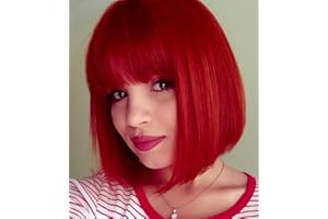 ‎MILDISO Mildiso Perücke Rot Kurze Bob Damen Haar Perücken Gerade mit Flach Pony Synthetische Bunte Cosplay Tägliche Party Perücke für Frauen Natürliche Wie Wig 12 Zoll 002F