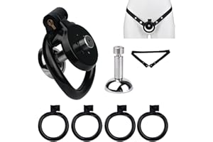 SeLgurFos jaula de castidad para hombre con 4 anillos 40 a 55mm diseño plano con soporte urinario material ABS cinturón de castidad juguetes sexuales (Black+belt)