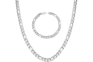 LOCCY Chaîne Figaro pour Homme Femme, 1+3 Collier et Bracelet en Acier Inoxydable Argent 3/4/5/6/7/8mm Collier Bracelet Maille Figaro Bijoux Longueur 46/51/55/61/66cm