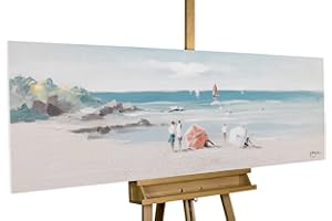 KunstLoft Tableau peinture moderne | 100% PEINT À LA MAIN | 150x50cm | Peinture sur toile 'Jour de plage' | Plages | Bleu Beige | Deco murale salon