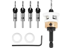 OLDPAPA 6-częściowy zestaw wierteł pogłębiających stożkowych, pogłębiacze stożkowe z twardego metalu z ogranicznikiem głębokości, pogłębiacz do drewna z trzonkiem sześciokątnym 1/4", precyzyjne otwory, do