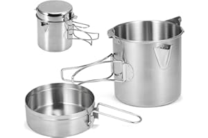 BILIPLE Utensilios de cocina de camping de 1 l, de acero inoxidable, con tapa y asa plegable, para camping, senderismo, pesca, picnic