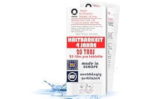 ‎LEVINQ LevinQ Wasserreinigungstabletten [20Stk] *NSFgeprüft* 100%keimfreies Trinkwasser 25Ltr/Tablette +Handschuhe PE | Wasserentkeimungstabletten fur Krisenvorsorge Outdoor, Notfall, Camping, Reiseapotheke