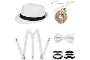 NITAIUN 1920er Herren Zubehör Mafia Karneval Kostüm Herren, Great Gatsby Kostüm Set 20er Jahre Accessoires, mit Panama Hut Taschenuhr Verstellbar Hosenträger Fliege Falscher Bart