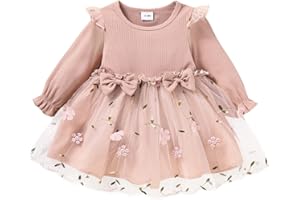 Verve Jelly Infant Toddler Girls Fall Floral Print Dress Outfit Long Sleeves Knit Ribbed Mesh Tulle Skirt Patchwork Bowknot Dress Set