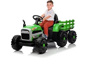 LISCHWERT Tracteur Électrique Enfant,Tracteur électrique Workers avec remorque,12V Enfant Charge 50KG Tracteur à Pédales avec Télécommande&Musique&Lumières LED&Klaxon (Vert)