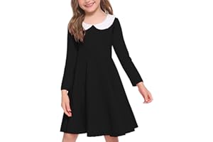Arshiner Robes pour Filles Col Claudine Robe pour Enfants à Manches Longues Robes en Coton Robe de Base Robe D'école pour Enfants Robe de Noël Halloween Robe d'automne Décontractée 4-13 Ans
