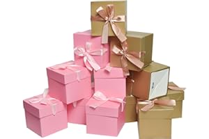 GP SUP 6 goldene und 6 rosa Geschenkboxen mit Deckel, 12 Stück schöne quadratische Boxen mit Bändern und Deckel, perfekt für Hochzeiten, Weihnachten, Geburtstag, Valentinstag (10,2 x 10,2 x 10,2 cm)