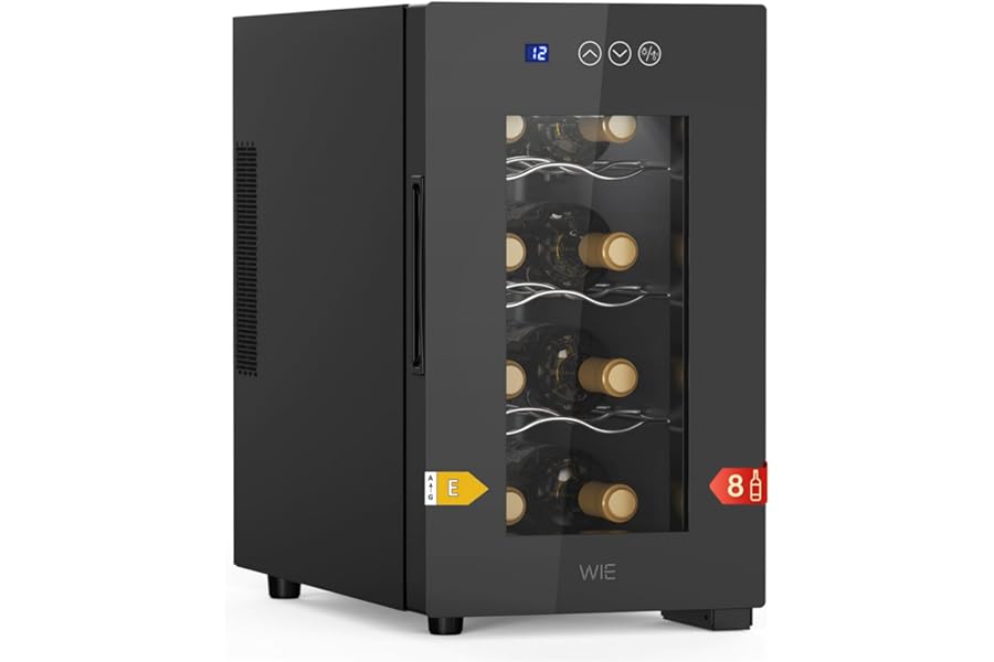WIE 8 Bottles Wine Cooler, Thermoelectric Cooling, Refrigerated Wine Cellar with Touchscreen Control, Mirror Glass Door, Adjustable Shelves, LED Light, Mute, 5-18 °C