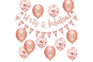 Women 60th Birthday Decorations Rose Gold Glitter Sixty & Fabulous Banner Balloons Happy 60th Birthday Party Decorations Glitter 60 & Fabulous Banner Bunting Kit by Wonsta