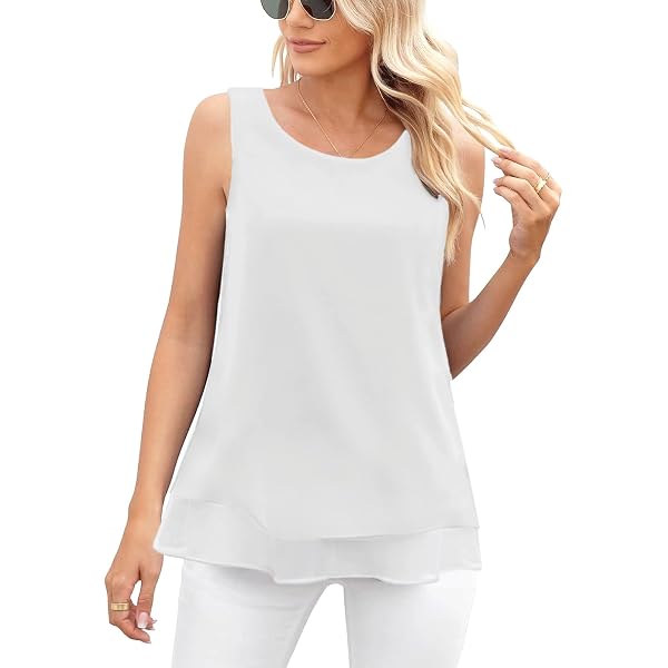 BLENCOT Canottiera estiva da donna, con scollo a V, senza maniche, casual, con orlo diviso, in chiffon, camicette, bianco, S