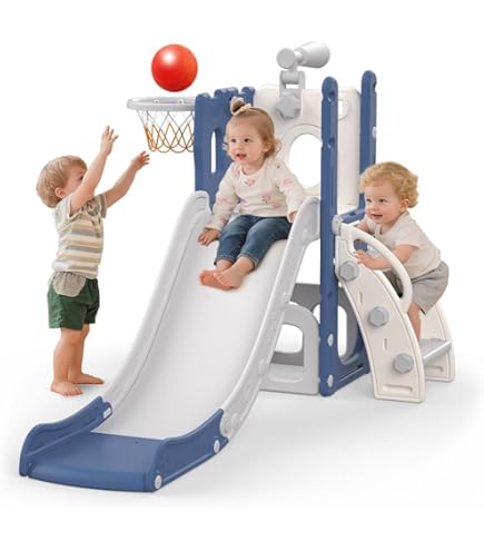Toboggan Enfant 7 En 1 Avec Panier De Basket - 206x180x91 Cm, HDPE, Charge 50 Kg, Pour Intérieur/extérieur, 1-3 Ans