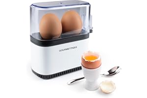 GOURMETmaxx Cuociuova per 2 uova, scaldabagno con tagliauova nel misurino, 3 gradi di durezza per il tuo portauova, design cuociuova piccolo, parti lavabili in lavastoviglie