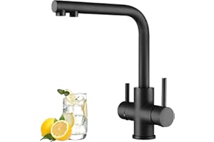 CREA Grifo Cocina 3 Vías Osmosis, Grifo Osmosis Fregadero Giratorio a 360°, Grifo de Cocina Tre Vías con Dos Asas, Grifo Cocina Fregadero Tre Vías, Negro Mate