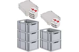 PROREGAL SuperSparSet 5x Eurobox NextGen Grip mit Scharnierdeckel und roten Schiebeschnappverschlüssen, HxBxT 22x30x40cm, 20 L, Grau, Griffe offen, Eurobehälter, Transportbox