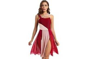 Aiihoo Women's Sleeveless Shoulder Straps Color Block Mesh Leotard Dress Lyrical Modern Contemporary Dancewear