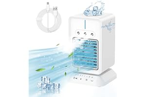 Buyounger Air Cooler, 4 in 1 Portable Conditioner Evaporative Mini Cooler with 3 Spray Mode, Fan Cooling & Humidify Speeds,Timer, 120° Oscillation for Home, Office and Room, White
