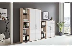 BMG Möbel Aktenschrank Office Edition Set 22, Büroschrank abschließbar mit Metallgriffen Made in Germany (Eiche Sonoma/Weiß Hochglanz)