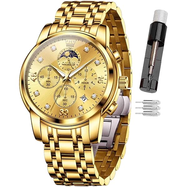 OLEVS Heren Chronograaf Horloge, Goud Zilver Tone Roestvrij Staal Analoge Quartz Horloge, Multifunctionele Waterdichte Datum Diamant Romeinse Cijfers Dial Jurk Horloge voor Mannen, Heren Horloge Goud