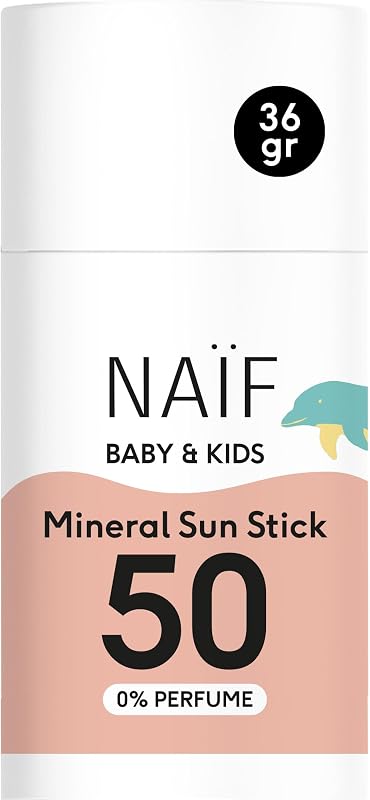 NaĂŻf - Mineralischer Sonnenschutzstick - fĂŒr Baby & Kind - LSF 50-0% ParfĂŒm - Stick ohne Mikroplastik, Mineralöle oder Silikone - UVA und UVB Schutz - Wasserresistent - Dermatologisch Getestet - 36g