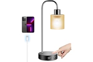 HESENDOT Touch Bedside Lamp,Fully Dimmable Table Lamp,Edison Industrial Lamps for Bedroom,2 USB Charging Ports,Black Minimalist Desk Lamp for Living Room,Eye-Caring Frosted Glass Lampshade,8W LED Bulb Included