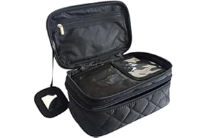 Kosmetiktasche, ONEGenug Makeup Tasche, Schminktasche Kosmetikbeutel 23 * 10 * 14 cm, Größe M, Doppelschicht mit Spiegel für Damen Schwarz