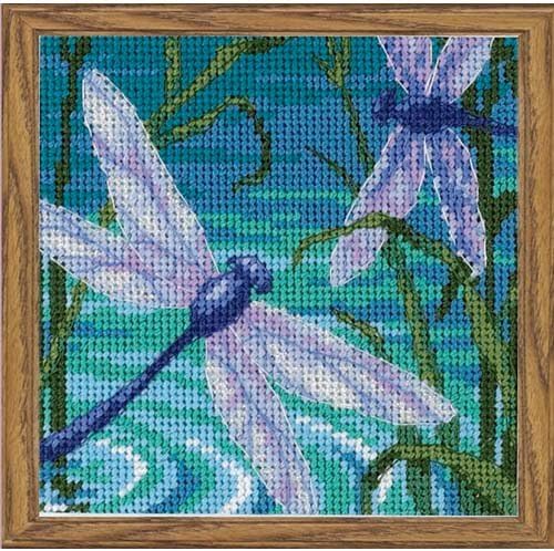 Dimensions Crafts Dragonfly Pair Mini Needlepoint Kit 5"X5" Stitched In Thread &amp; Ribbon 7208