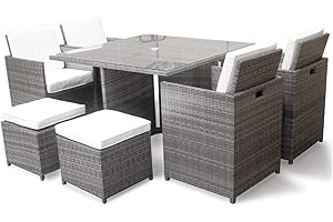 HARTS OUTDOOR FURNITURE Harts Premium Rattan Dining Set, Cube 8 Seats Garden Patio Conservatory Furniture with parasol hole (Grey) inc Rain Cover