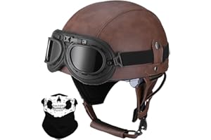 BYGMW Deutsche Leder Motorrad Halbhelme mit ECE, Vintage Helme mit Schutzbrille, Jethelm Retro, Chopper Helm, Scooter-Helm, Fahrradhelm, mit Sonnenblende und Herausnehmbares Innenfutter