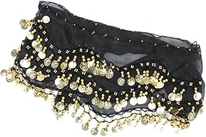 SouiWuzi Belly Dance Belt Sciarpa Hip Wrap Catena Ampiando in Vita Vita Piega per Prestazioni Dancing Costume con Monete (Nero), Belly Dance Wrap Belt