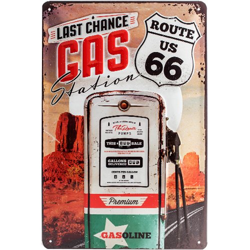 Nostalgic-Art 22215 US Highways Route 66 Gas Station Blechschild, 20 x 30 cm