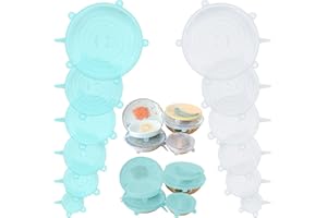 HUSAIHU 12 PCS Silicone Lids Food Covers, 6 Different Sizes Reusable Lids for Cups Bowls, Silicone Stretch Lids Microwave Freezer Can, 100% Safe Food Grade Silicone Round Shaped Tin Cover Lids(White & Green)