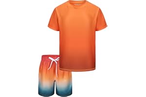 AISYEE Boys Rash Vest Kids Two Piece Swimming Costume with Board Shorts Short Sleeve Boys Swimsuit Set Age 5-16 Years