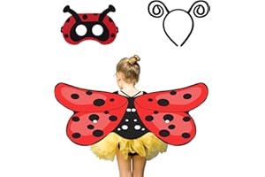 Aomig Disfraz de Mariquita 3pcs con Diadema, Máscara y Alas, Hada Niñas Suave y Transpirable para Halloween, Navidad, Carnaval, Fiesta, Cosplay