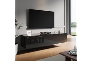 ZANOFIRA Floating TV Stand Cabinet with Pull-Down Door, High Gloss Black TV Stand with Large Storage Shelves, Modern Wall-Mounted Unit for Living Room & Bedroom 1400x400x300mm