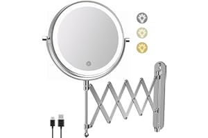 ‎FUNTOUCH FUNTOUCH USB Wiederaufladbar Kosmetikspiegel mit 1X/ 10X Vergrößerung, 3 Farben Beleuchtung, Touchscreen-Dimmung, Verlängerter Arm Schminkspiegel, 360° Drehbar Wandspiegel für Badezimmer und Hotel