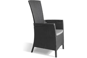 Keter Allibert by Vermont - Sillón de jardín (64 x 68 x 107 cm, Incluye cojín de Asiento, Respaldo Ajustable, plástico, imitación de ratán, Color Grafito/Gris)