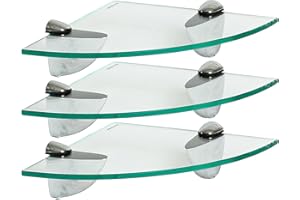 Harbour Housewares 3x 20cm x 20cm Glass Floating Corner Wall Shelves Set Easy to Install Shelf Office, Bedroom, Bathroom, Living Room Storage Wall Mounted Shelves Tempered Glass