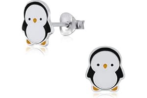 Laimons Pendientes infantiles para niña, joya infantil, diseño de pingüino, 10 mm, color blanco, negro y amarillo, plata de ley 925, Plata