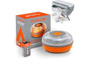 FLASH LED SOS Luz de Emergencia V16 Conectada Homologada DGT 3.0 OBLIGATORIA, SIM y Servicio DE Datos Incluido hasta 2038, Base Imantada, Resistencia IP54 + Set Caja Mini Primeros Auxilios