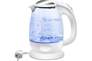 EXTRASTAR Hervidor de agua eléctrico, hervidor de vidrio con luz indicadora LED azul, hervidor eléctrico sin BPA con apagado automático y protección contra ebullición en seco Blanco 1.7L