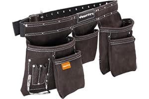 WrightFits Leather Apron Tool Belt, Heavy Duty Tool Pouch with Multi Pockets, Professional Work Pouch for Electricians, Carpenters, Adjustable Waist Storage Organiser, Hammer Loop
