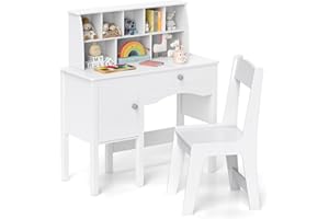 GYMAX Kids Desk and Chair Set, Children Writing Table with Drawer, Hutch and Storage Cabinet, Wooden Student Study Desk Set for Boys Girls (White)