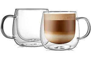 CNGLASS 480ml/16oz Double Walled Glass Coffee Mugs Set of 2,Large Clear Coffee Cups with Handle,Insulated Cappuccino Mugs for Latte,Milk,Tea