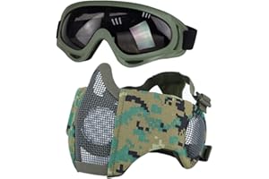 Yzpacc Airsoft Maske mit Brille, Faltbare Half Face Airsoft Mesh Maske mit Ohrenschutz für Paintball Schießen Cosplay CS Spiel