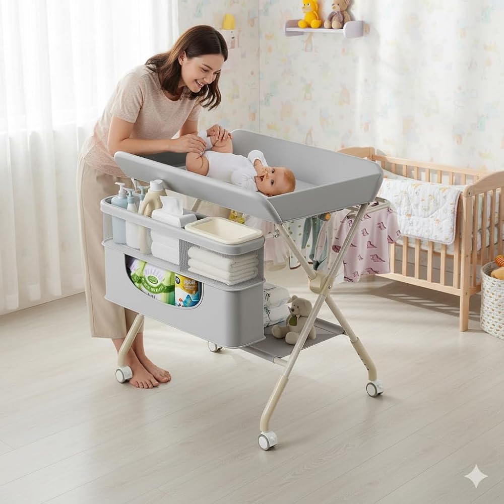 Portatif Bebek Alt Değiştirme Bakım Masası Sepetli Organizer Katlanabilir Taşınabilir İstasyon Tekerlekli Askılık